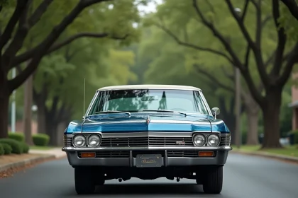 Chevrolet Impala 1967 bleu nuit garée dans une rue suburbaine avec des chênes en arrière-plan