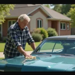 Homme polissant une Chevrolet Impala 1967 devant une maison