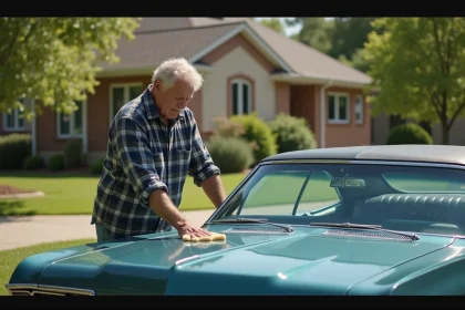 Homme polissant une Chevrolet Impala 1967 devant une maison