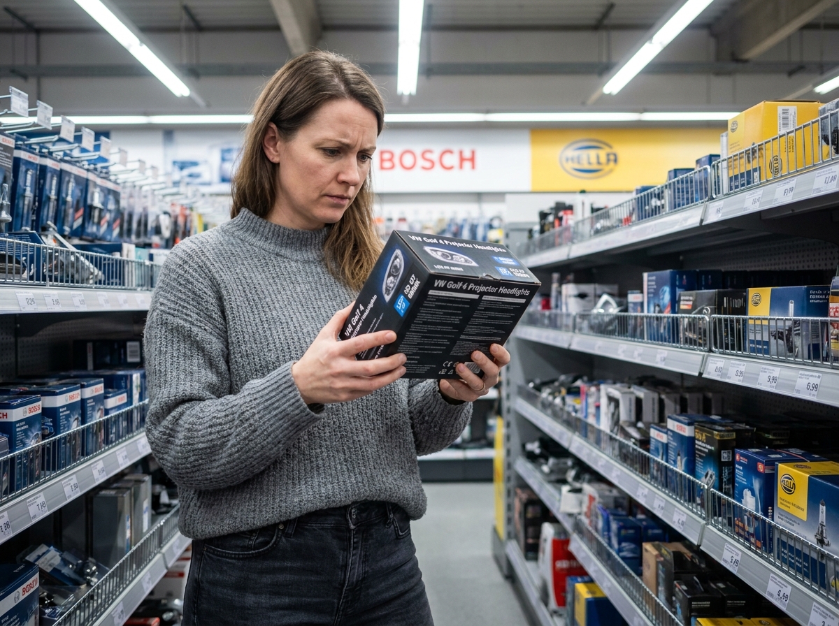 Femme choisissant un kit de phares de remplacement pour Golf 4 dans un magasin de pièces automobiles
