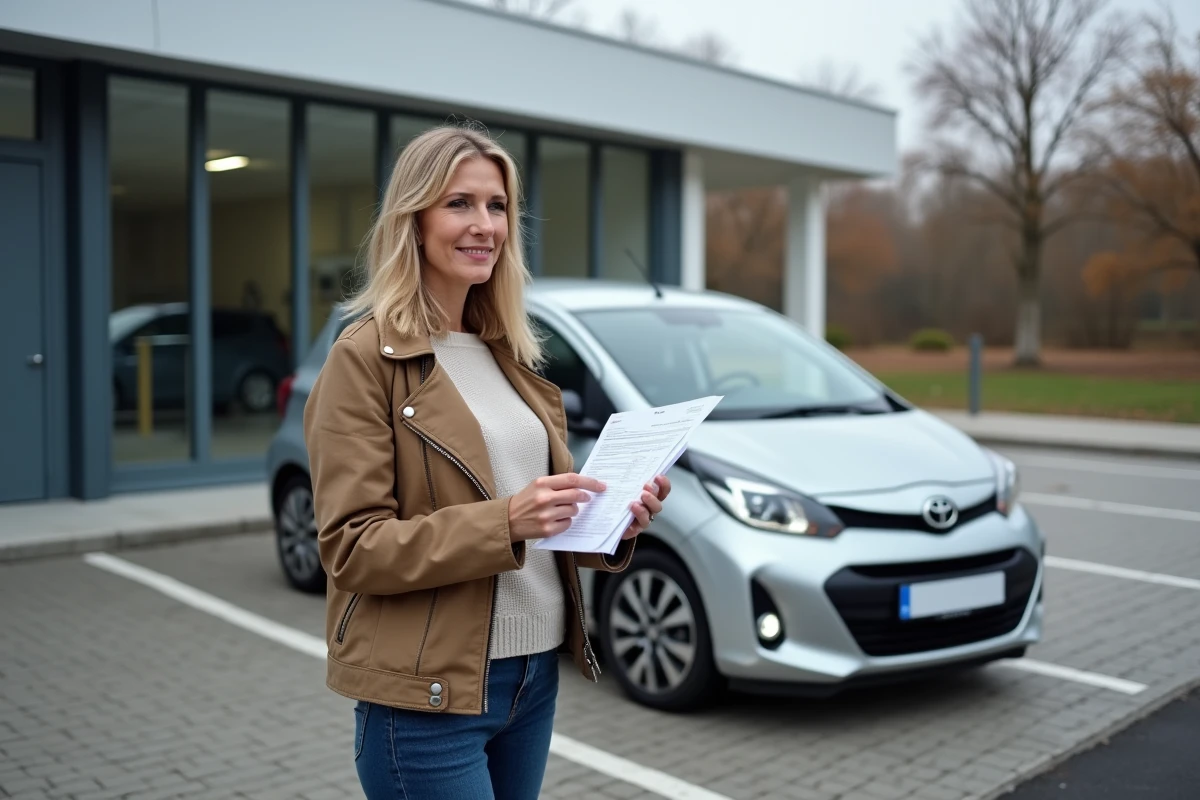 Propriétaire de voiture examinant les résultats de reprogrammation moteur devant un centre automobile Shiftech à Lille