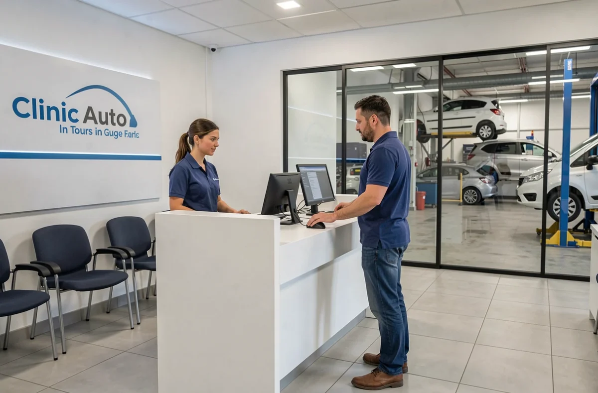 Réception moderne de Clinic Auto à Tours avec une conseillère accueillant un client