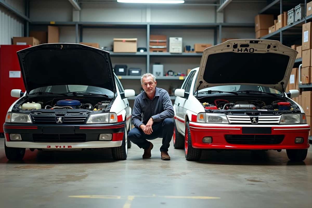 Comparaison entre une Peugeot 306 Maxi V2 originale et une réplique de série dans un atelier spécialisé