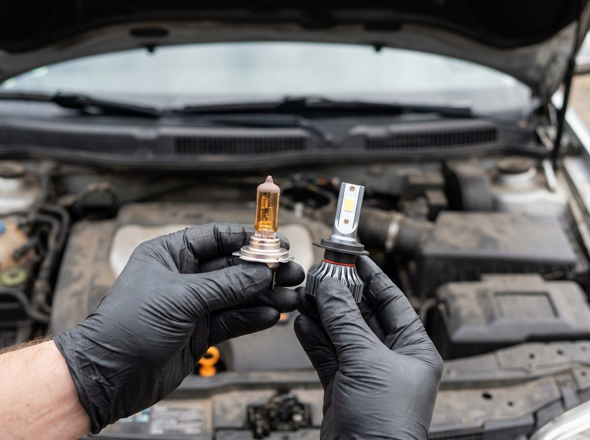 Comparaison d'ampoule halogène H7 et LED pour Golf 4 tenue à la main au-dessus du moteur