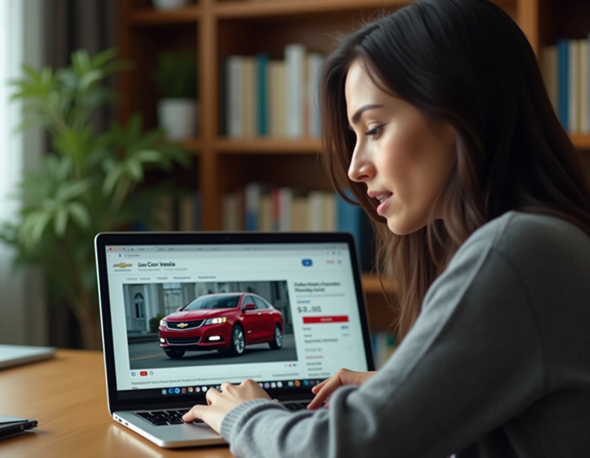 Femme comparant des annonces de Chevrolet Impala sur un ordinateur portable dans un bureau à domicile