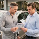 Homme comparant des devis d'assurance auto selon le modèle de véhicule dans un parking de concessionnaire