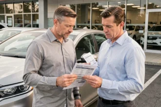 Homme comparant des devis d'assurance auto selon le modèle de véhicule dans un parking de concessionnaire