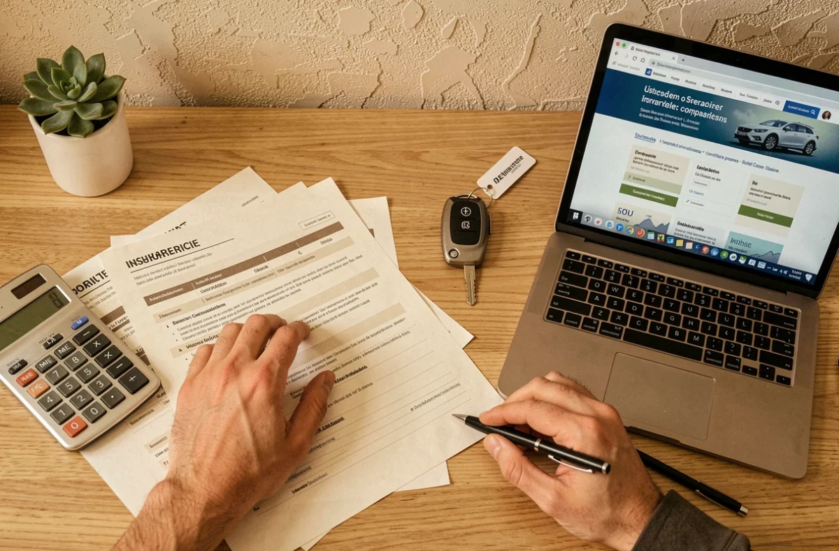 Bureau avec documents de comparaison d'assurance scooter 50cc, calculatrice et clé de scooter posés sur une table
