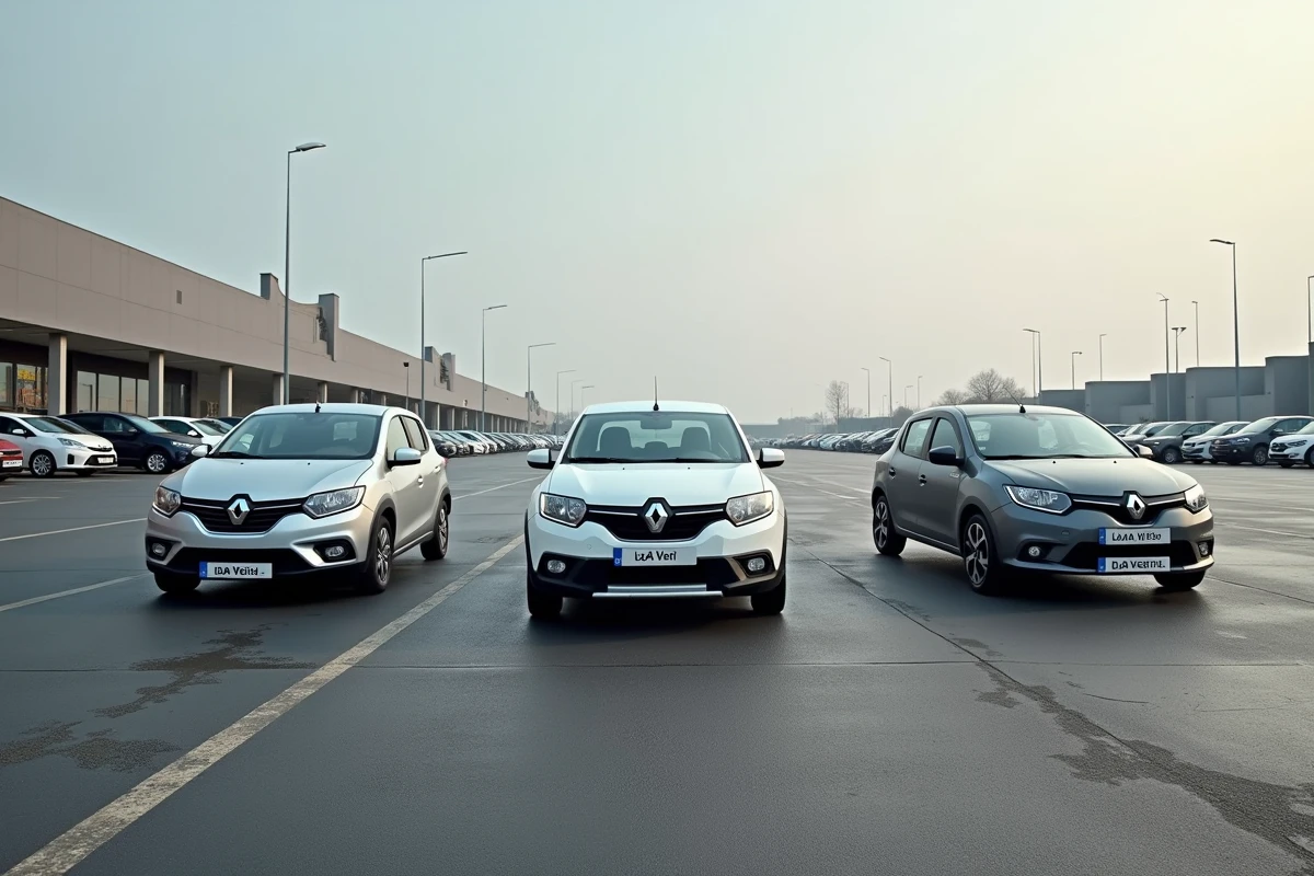 Comparaison côte à côte d'une LADA Vesta, d'une Dacia Sandero et d'une Renault Logan dans un parking français, rivalité des voitures low cost en Europe