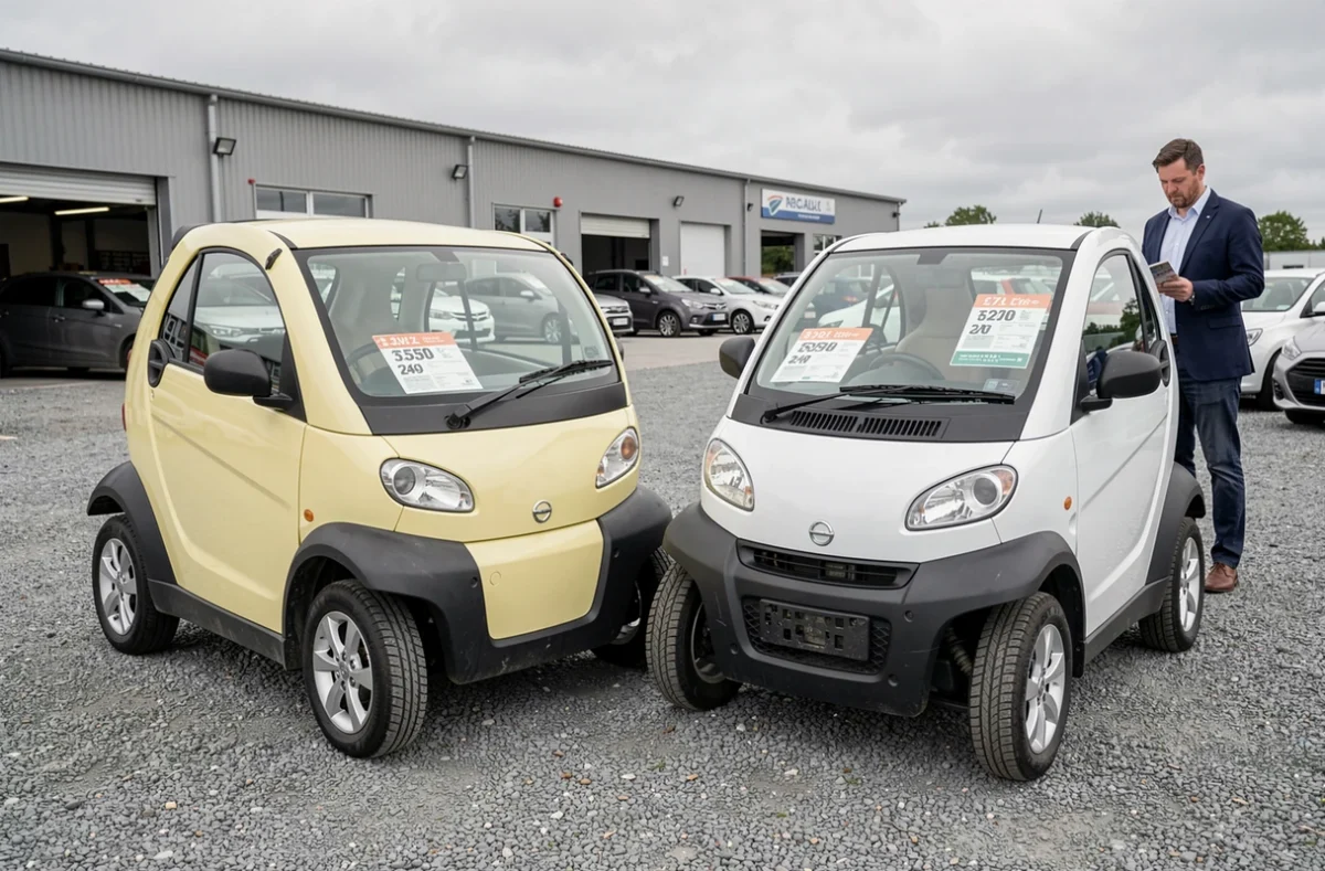 Concessionnaire présentant deux modèles de voitures sans permis manuelles côte à côte avec étiquettes de prix
