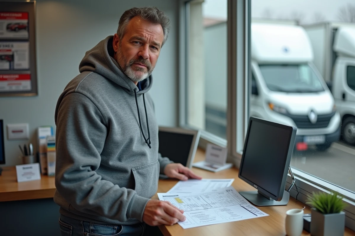 Client comparant les tarifs de location de camion 20m3 avec hayon dans une agence de location
