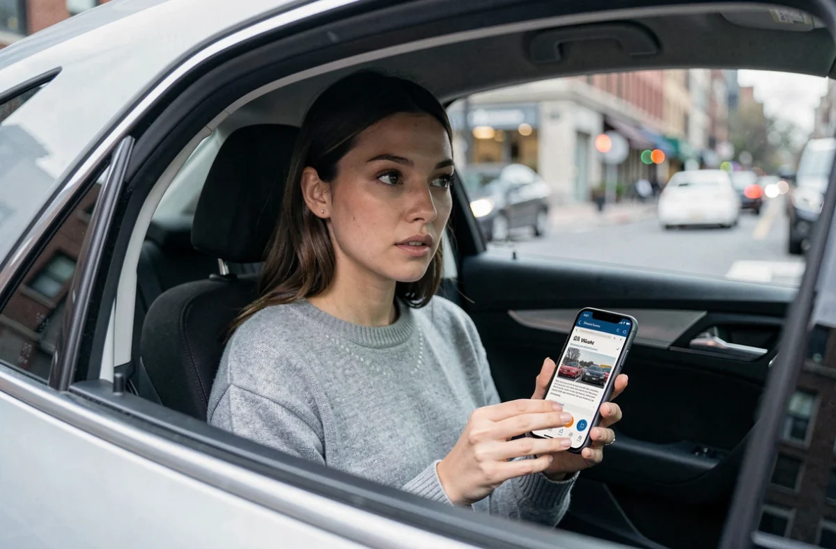 Femme consultant un comparateur de devis assurance auto sur son smartphone depuis l'intérieur de sa voiture