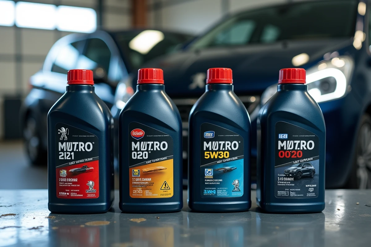 Comparatif de bouteilles d'huile moteur pour Peugeot 208 essence posées sur un établi d'atelier