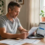 Homme comparant des offres d'assurance moto sur ordinateur portable à la maison