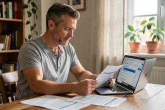 Homme comparant des offres d'assurance moto sur ordinateur portable à la maison