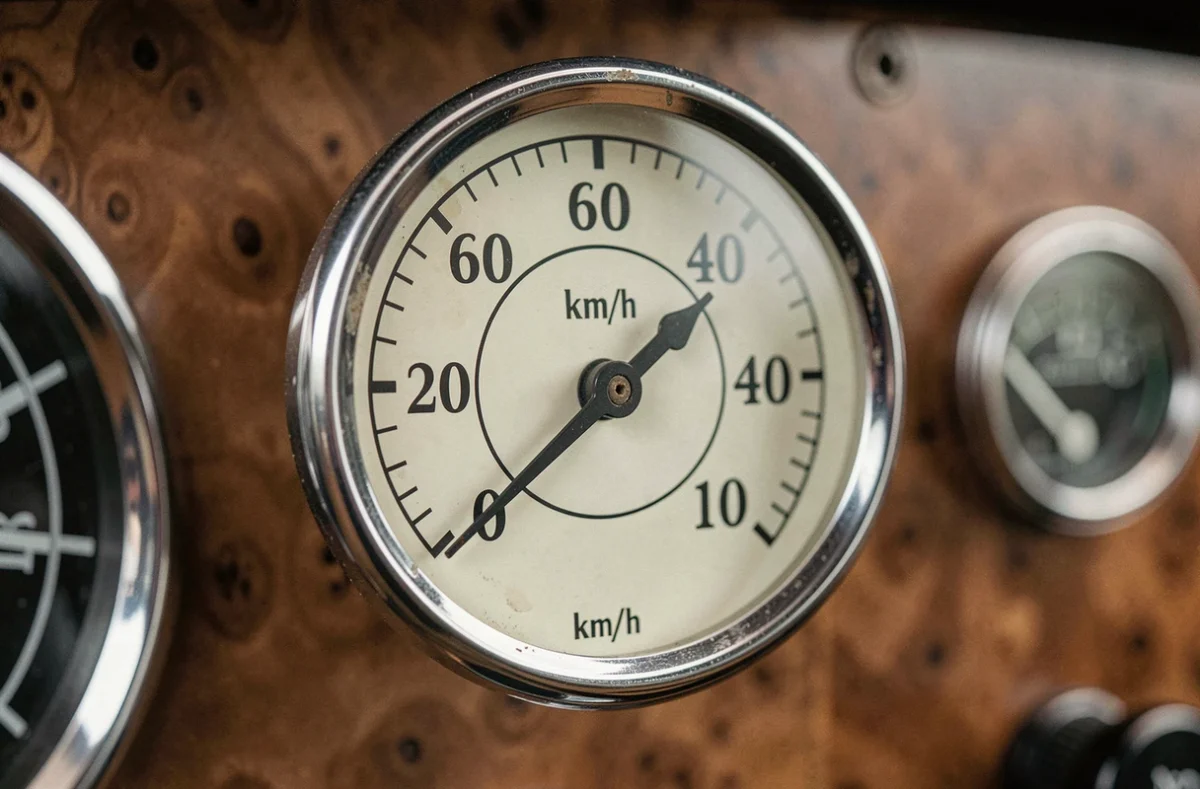 Gros plan d'un compteur de vitesse analogique affichant à la fois les mph et les km/h sur un cadran double échelle