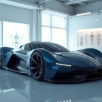 Concept-car futuriste en métal bleu marine exposé dans un studio de design automobile moderne