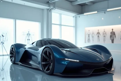 Concept-car futuriste en métal bleu marine exposé dans un studio de design automobile moderne