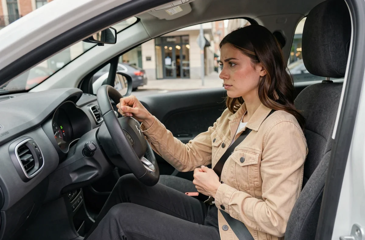 Conductrice en Citroën C3 attachant sa ceinture avec un voyant d'avertissement visible sur le tableau de bord