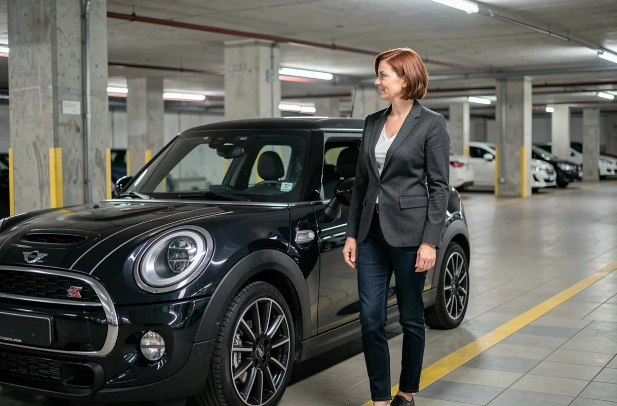 Femme examinant une MINI Cooper diesel noire dans un parking souterrain urbain avant un achat