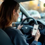 Conductrice consultant la plateforme Autosmart360 sur smartphone monté dans une voiture moderne en ville