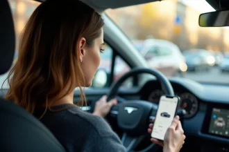 Conductrice consultant la plateforme Autosmart360 sur smartphone monté dans une voiture moderne en ville