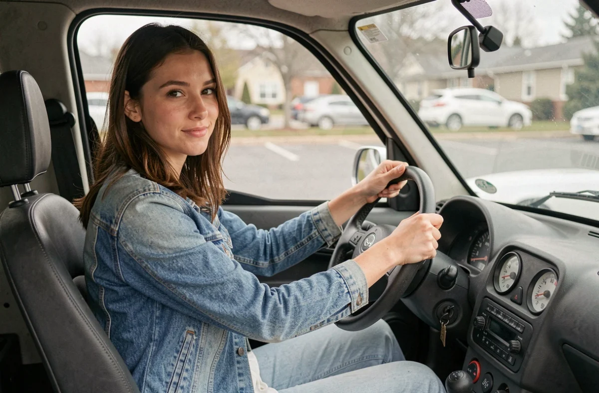 Jeune femme au volant d'une voiture sans permis manuelle avec levier de vitesse visible en intérieur