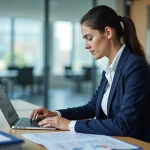 Professionnelle en blazer marine consultant des documents de conformité réglementaire européenne pour le transport aérien dans un bureau moderne