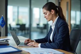 Professionnelle en blazer marine consultant des documents de conformité réglementaire européenne pour le transport aérien dans un bureau moderne
