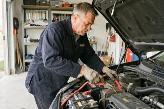 Homme en veste de mécanicien connectant des pinces de démarrage sur une batterie de voiture dans un garage résidentiel