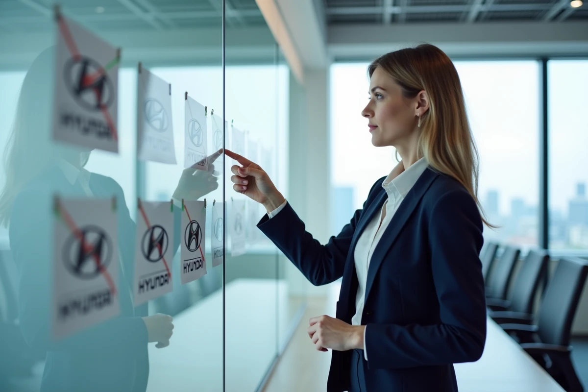 Consultante en marque présentant les règles d'utilisation autorisée du logo Hyundai en salle de réunion