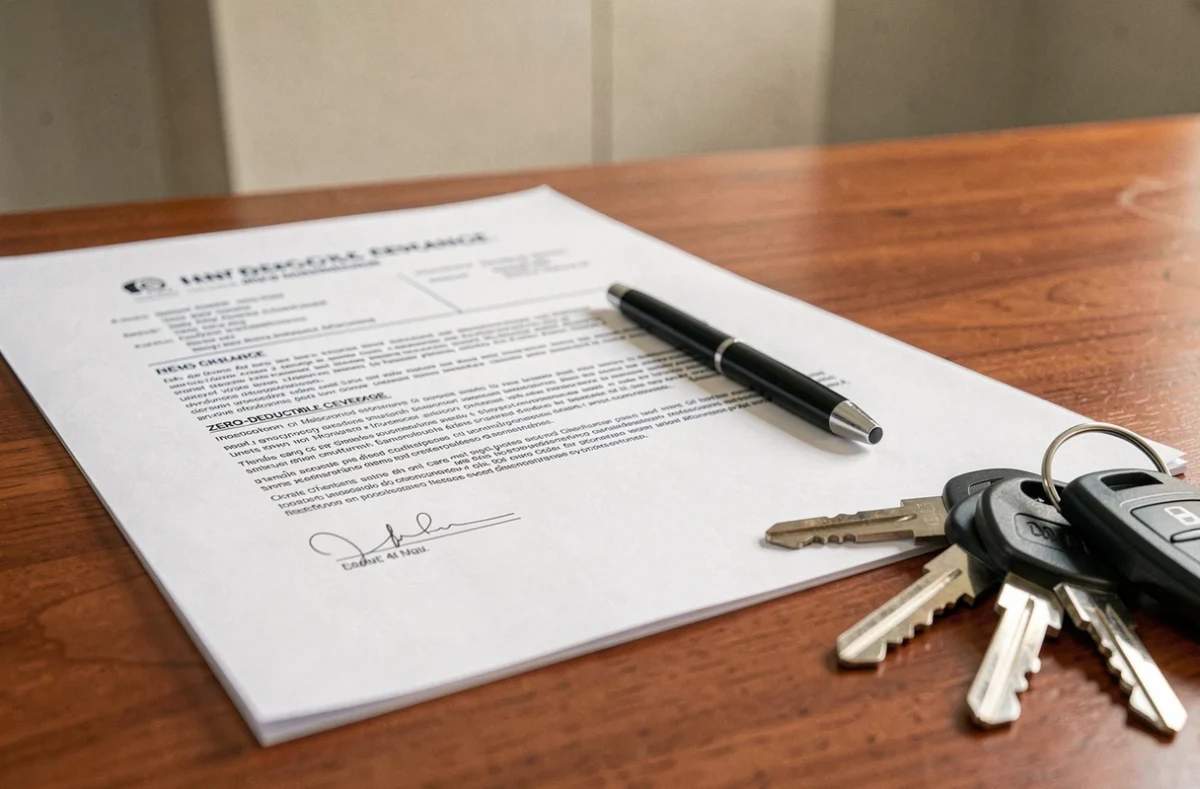 Contrat d'assurance auto sans franchise avec stylo et clés de voiture sur une table en bois