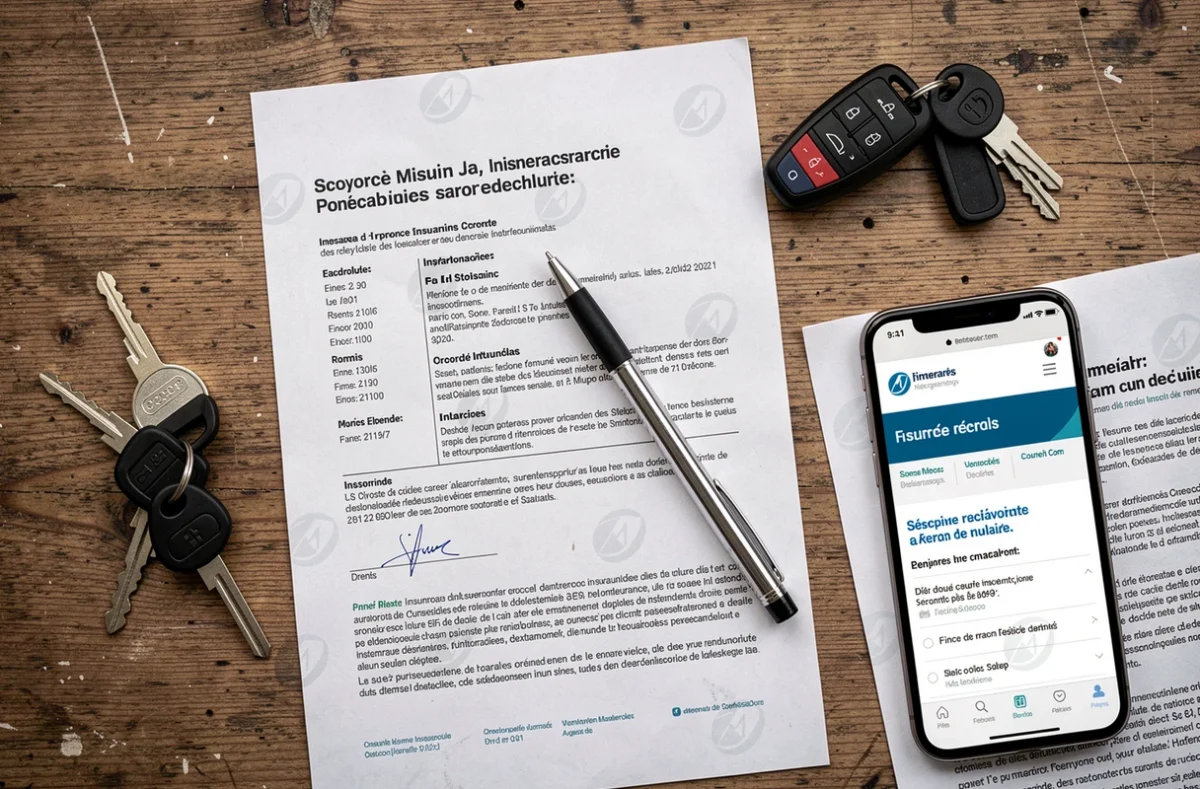 Vue de dessus d'un contrat d'assurance scooter tout risque signé sur un bureau avec des clés de scooter