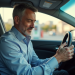 Homme d'âge moyen vérifiant la pression des pneus dans une voiture