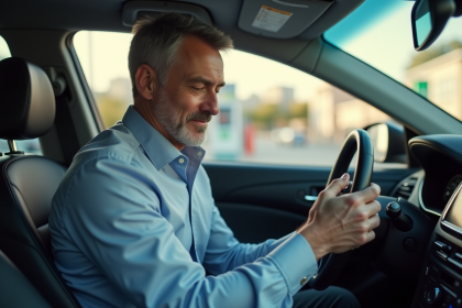Homme d'âge moyen vérifiant la pression des pneus dans une voiture