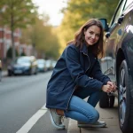 Jeune femme vérifiant la pression des pneus d'une voiture en ville