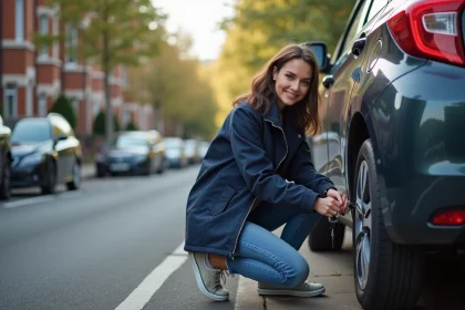 Jeune femme vérifiant la pression des pneus d'une voiture en ville