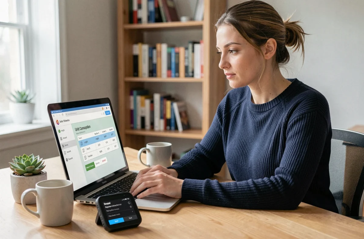 Femme consultant une table de conversion mph en km/h sur un ordinateur portable à côté d'un appareil GPS