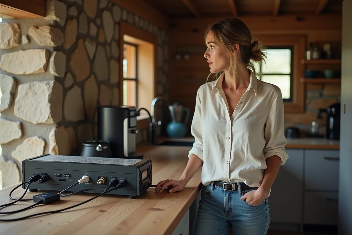 Femme préoccupée par un convertisseur 12V 220V surchargé dans une cuisine de chalet hors réseau avec plusieurs appareils branchés