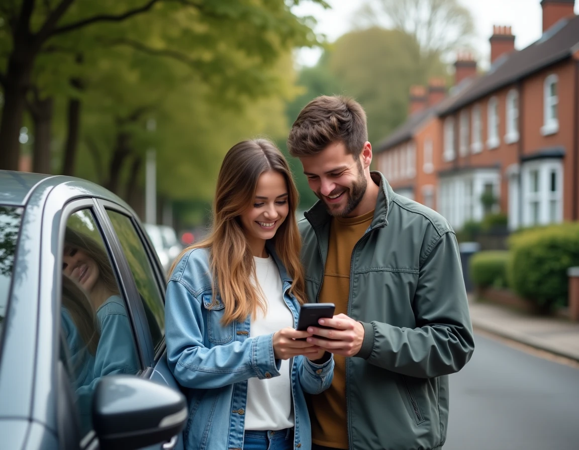 Couple de conducteurs consultant ensemble la plateforme Autosmart360 sur smartphone devant leur voiture