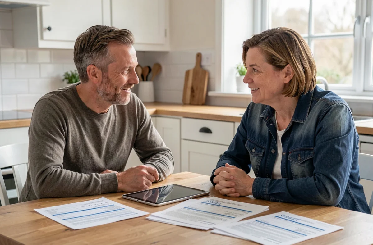 Couple comparant des devis d'assurance auto sans franchise à la maison