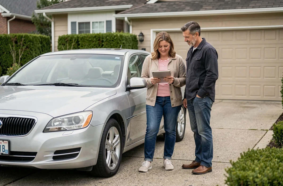 Couple consultant un devis assurance auto sur tablette devant leur voiture dans une allée résidentielle
