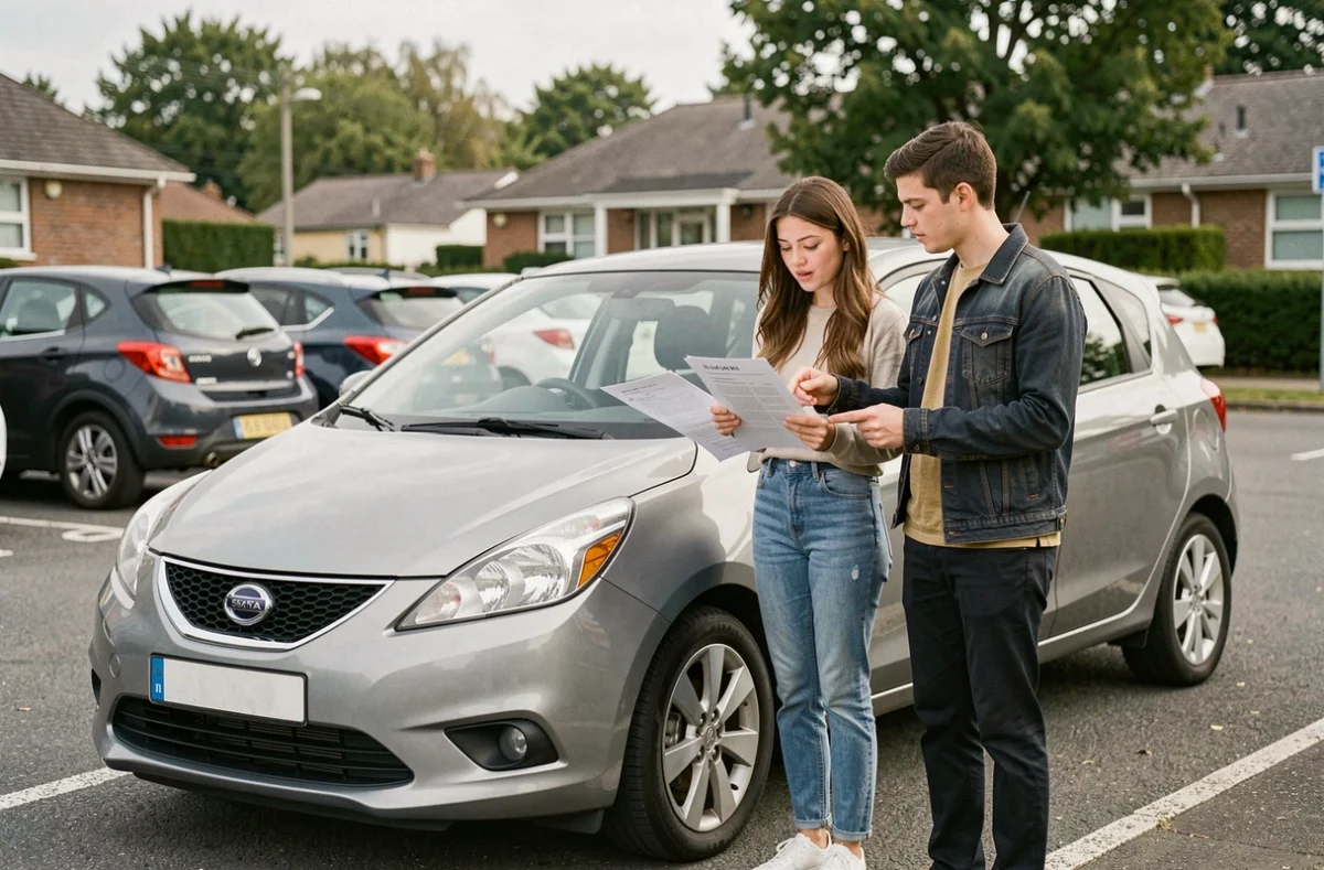 Couple discutant d'un devis d'assurance voiture sans frais de dossier devant leur véhicule