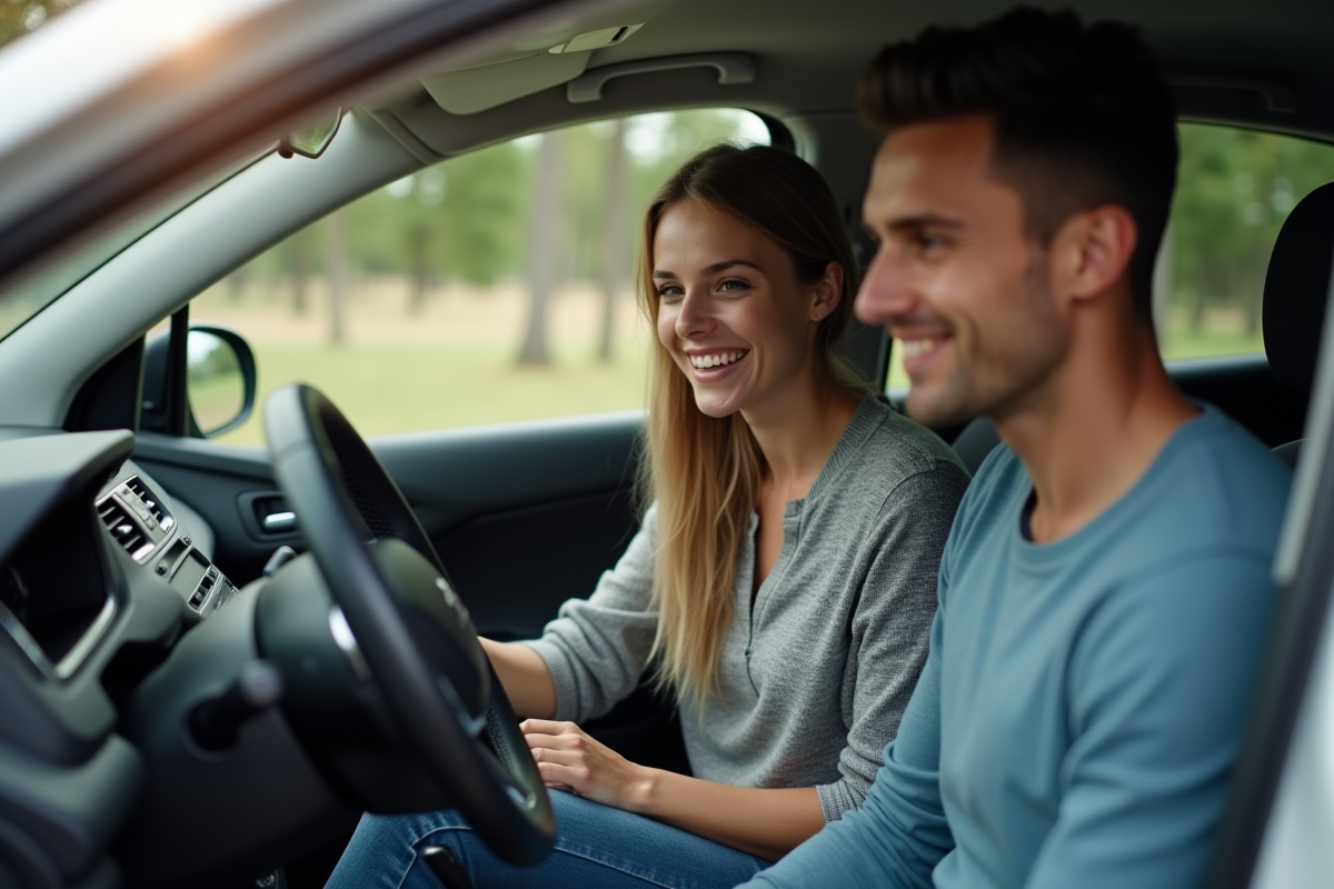 Jeune couple inspectant l’intérieur d’une Peugeot 408 d’occasion