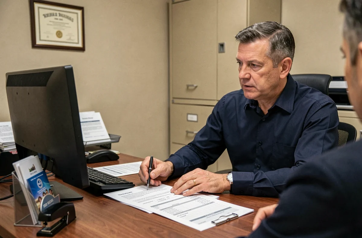 Courtier en assurance auto expliquant les tarifs majorés pour un conducteur malussé dans un bureau professionnel