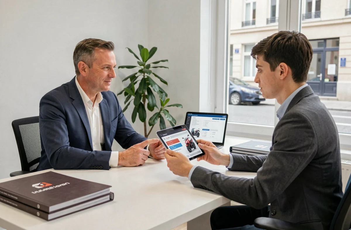 Courtier en assurance expliquant une offre scooter tout risque à un client dans une agence moderne