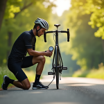 Cycliste vérifiant la pression du pneu de son vélo en plein air