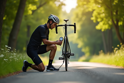 Cycliste vérifiant la pression du pneu de son vélo en plein air