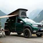 Dacia Sandman 4x4 aménagé en camping-car abordable garé sur une piste de montagne avec auvent et table de camp