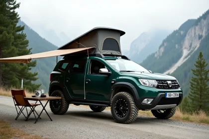 Dacia Sandman 4x4 aménagé en camping-car abordable garé sur une piste de montagne avec auvent et table de camp